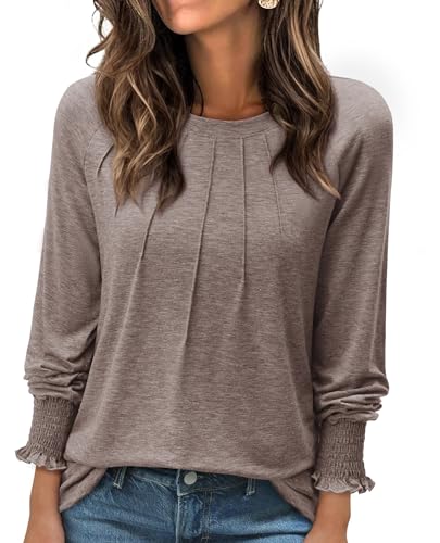Uhiger Womens Long Sleeve Tops 2026 Fall Trendy Tunics or Tops to Wear with Leggings Cute Tops for Women Dressy Casual Blouse Business Office Clothes Brown L