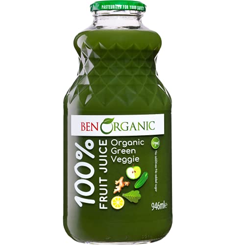 BenOrganic - Organic Green Veggie Juice – 946ml Glass Bottle, 100% Natural Fruit Juice Drink, No Sugar, No Additives, Not from Concentrate