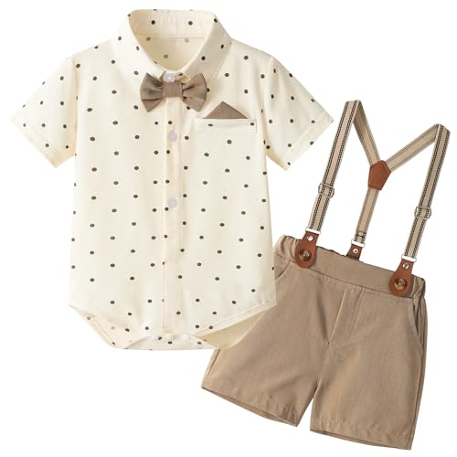 Image of Volunboy Baby Boy Formal Short Set Toddler Summer Gentleman Outfit Kid Short Sleeve Bowtie Shirt Suspender Shorts Suit