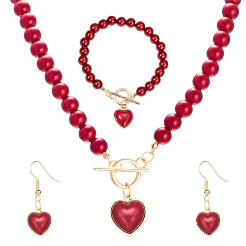 QLYOVWE Red Pearl Heart Jewelry Set Sweet Love Heart Earrings Gold Toggle Clasp Beaded Necklace Bracelets Charm Valentine's Day Wedding Prom Jewelry Gift (Red)