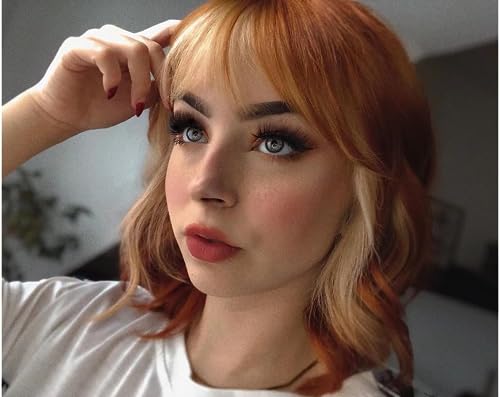 MSMYRNS Short Wavy Curly Bob Wig with Bangs Ginger Brown Mix