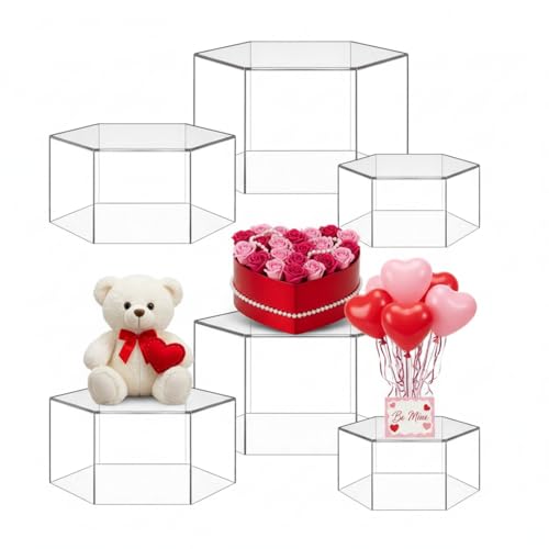 Jerify 6 Pcs Acrylic Risers Display Stands, 5.91'' 5.12'' 3.54'', Clear Hexagon Nesting Pedestal Shelf with Hollow Bottom for Tabletop Jewelry Display, 3 Sized