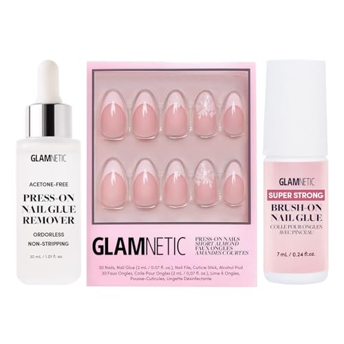 Glamnetic Press-On Nails - All Time Love | Super Strong Brush On Nail Glue & Press-On Nail Remover | Short Almond Fake Nails with French Tips and Leaf Accents | 15 Sizes - 30 Nail Kit with Glue and R