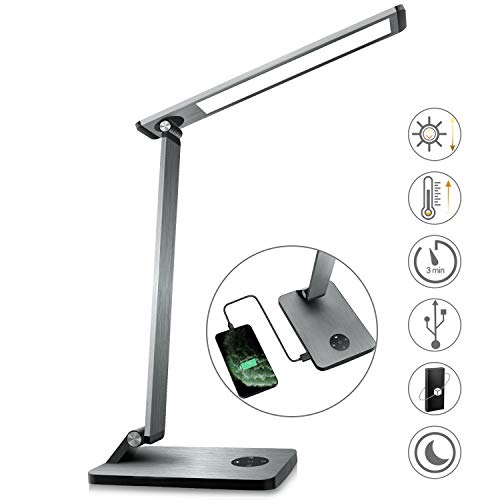 LED Desk Lamp, Eye-Caring Stepless Dimming Office Lamps, Desk Lamp with USB Charging
