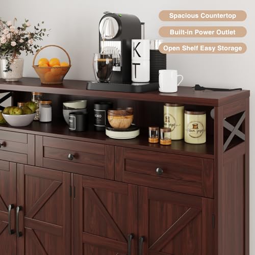 Image of 51 inch Dark Brown Buffet Sideboard Cabinet, Farmhouse Storage Cabinet Kitchen | Pantry with Shelf and Drawers, Wood Cupboard Hutch Cabinet, Coffee Bar Station Table for Kitchen, Living Room, Dining Room