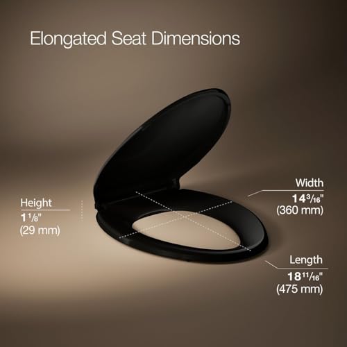 Image of KOHLER 4636-RL-7 Cachet ReadyLatch Elongated Toilet Seat Slow Close, Soft Close Toilet Seat Quiet Lid, Contoured Grip-Tight Bumpers Installation Hardware, Apartment Essentials, Black