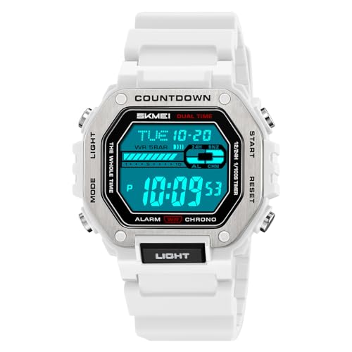 SKMEI Men's Military Digital Sports Watches Waterproof Womens Watches with Luminous Alarm Big Face for Outdoor(White)2