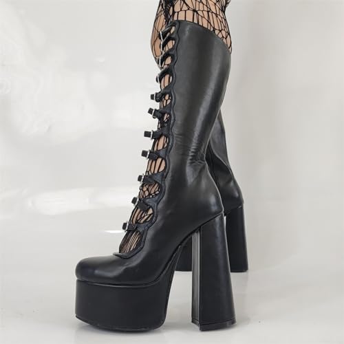 KOKOMOMO Gothic Lolita Boots Knee High Chunky Heels Platform Y2K Punk Cutout Combat Boots Side Zipper Stripper Heels Cool Front Buckles Block Tall Boot Mid Calf Cosplay Shoes3