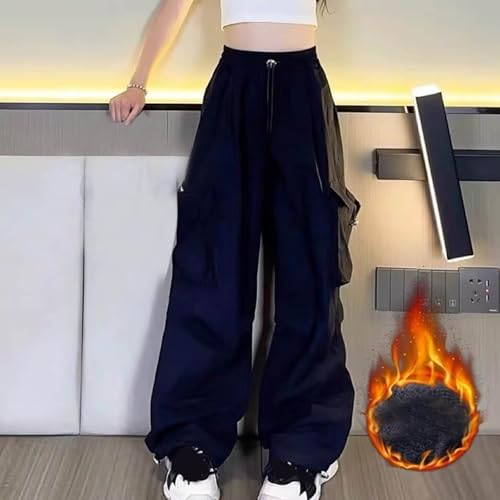 Girls Cargo Jogger Pants Thermal Fleece Lined Wide Leg Streetwear Pants with Pockets Drawstring High Waist Trousers2