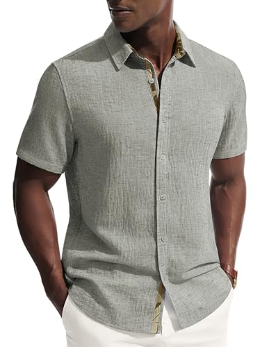 PJ PAUL JONES Hemd Herren Kurzarm Shirt Sommerhemd Casual Leinenhemd Button Down Gray-Green S
