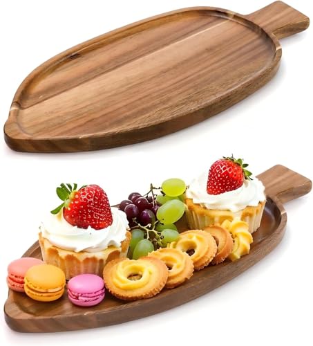 YOUEON 2 Pcs Leaf Shaped Acacia Wood Serving Trays, 13 x 5.5 Inch Decorative Wooden Platters,...