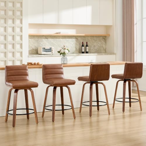 Image of Swivel Bar Stools Set of 4,26 inch Faux Leather Counter Height Barstools with Back,Mid Century Modern Upholstered Bar Chairs with Bentwood Legs Island Stools for Kitchen Counter Brown