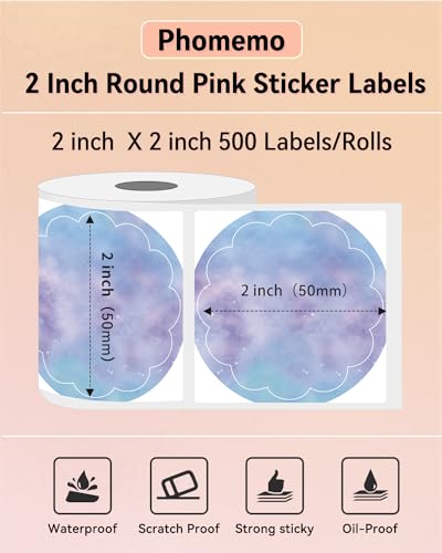 Image of Phomemo 2 inch Color Circle Thermal Labels, Self-Adhesive Round Direct Sticker Label, Commercial Grade Custom Stickers - 500PCS Labels /Roll