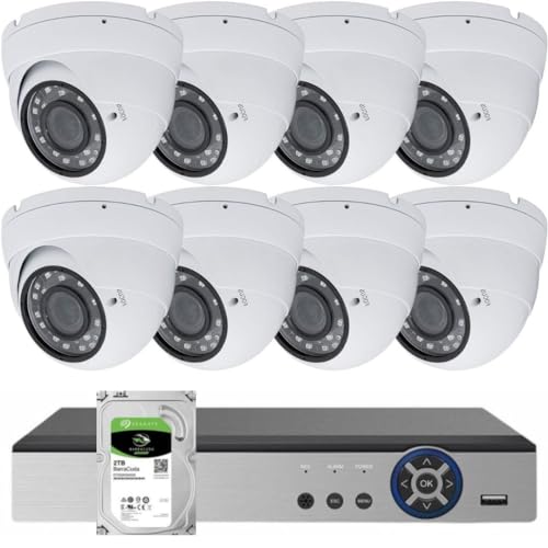 Evertech 8 Channel High-Definition Security Surveillance System with 8 pcs Indoor & Outdoor Dome Cameras 2.8-12mm Adjustable Zoom Lens 2TB HDD Memory