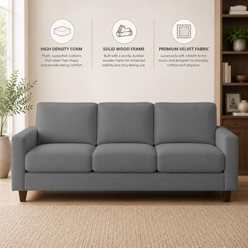 Image of Casaliving Gladino Modern Velvet Fabric Sofa, Tufted Design Upholstered 3 Seater Sofa Set for Living Room, Premium Velvet Fabric Sofa (Dark Grey)