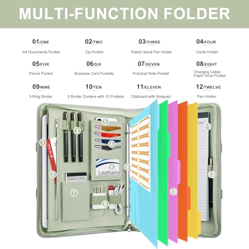 Image of Leathario Portfolio Binder, Includes 5 Folder Index Dividers, 13 Inch Tablets Organizer with Handle, Vegan Leather A4 Padfolio, Multi-Pocket Notepad Business Planner Professional Document