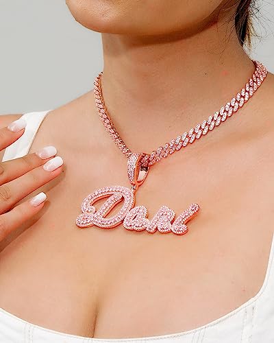 Iced Out Custom Name Necklace With Cuban Link Chain For Man And Women, Hip Hop 14K Real Gold Plated Personalized Initial Letter Pendant Necklaces, Handmade Customized Nameplate Jewelry Gifts For Girls (Rose Gold/Pink) #TOP1