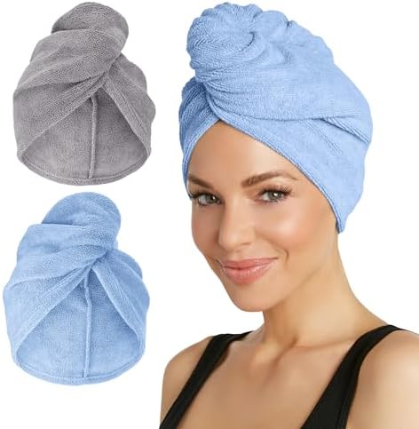 Microfiber Hair Towel Wrap [2 Pack] – The Original Microfiber Hair Wrap As Seen On TV! Solid -Gray and Blue Hair Turban Towel Wraps Plopping Towel for Long and Curly Hair by Turbie Twist