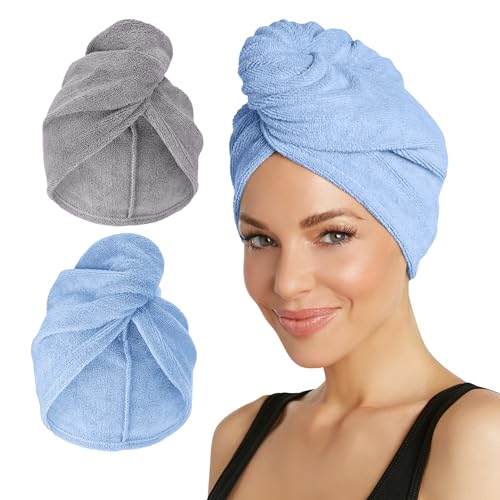 Turbie Twist 2-Pack Microfiber Hair Towel for Beauty, Travel, Gifting - Hair Wrap Turban for Straight, Wavy & Curly Hair - Premium Personal Care - Grey & Blue