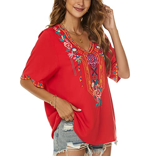 Lauraklein Women's Boho Mexican Embroidered Tops For Women V Neck Short Sleeve Summer Peasant Blouse Loose Ethnic Tunics Shirts(Red-M) #TOP3