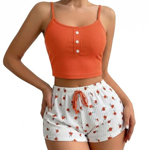 Image of Zilaro Women's Short Pyjamas Set, 2 Piece Pjs for Women Sets, Rose Print Summer Soft Sleeveless Tank Top and Shorts Soft Cotton Pj Sets, Crop Top Nightwear Camisole Loungewear Sleepwear Orange