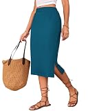 Naggoo Midi Skirts for Women Summer Elastic High Waisted Side Slit Long Skirt Teal XXL