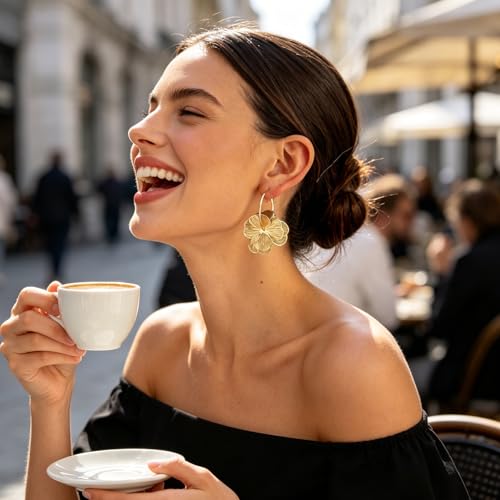RINHOO Elegant 3D Floral Hoop Earrings Boho Statement Trendy Hoop Earring Flower Drop Earrings Jewelry (Style 1-Gold) - image 5
