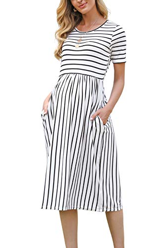 Xpenyo Women's Casual Short Sleeve Empire Waist Maternity Dress Midi Pregnancy Dress With Pockets White Striped L #TOP1
