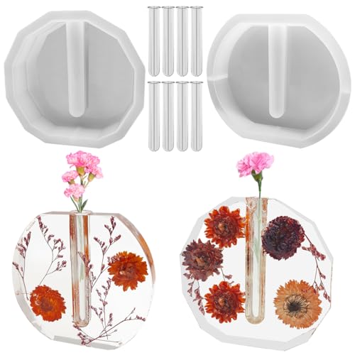 2 Packs Silicone Vase Molds for Epoxy Resin, SourceTon Polygonal & Elliptical Flower Planter Molds with 8 Tubes, Reusable, for Hydroponics, Wedding Decor, Valentine’s Gift, Home Ornaments
