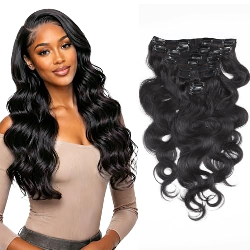 Image of Body Wave Clip in Hair Extensions Real Human Hair 8Pcs 100g Wet and Wavy Clip Ins Full Head Seamless Remy Human Extensions for Women Double Weft Natural Black 14 Inch