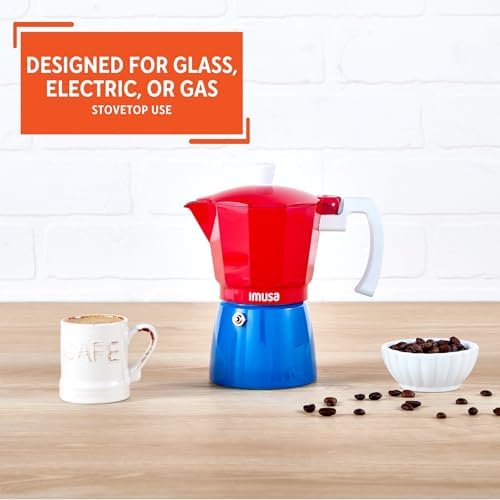 IMUSA Stovetop Espresso Maker 6 Cup – Cast Aluminum Moka Pot Caribbean Colors Edition Red Blue White – Cafetera Italiana Espresso Cuban Coffee Maker - Thumbnail 5
