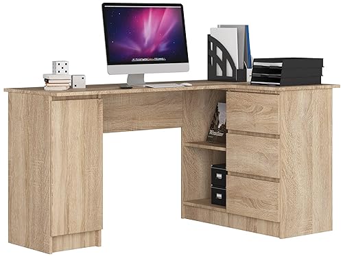Scrivania ad angolo Le dimensioni compatte di L155 x H77 x P85 cm e il peso di 60 kg consentono di collocare la scrivania ad angolo ovunque. I 3 cassetti, i 2 vani portaoggetti e il ripiano con anta offrono ampio spazio per gli strumenti di scrittura.