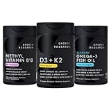 Sports Research® Multivitamin Pack - Vitamin D3 + K2 w/Coconut Oil 5000iu + Vitamin B12 as Methylcobalamin 5000mcg + Omega-3 Fish Oil 1250