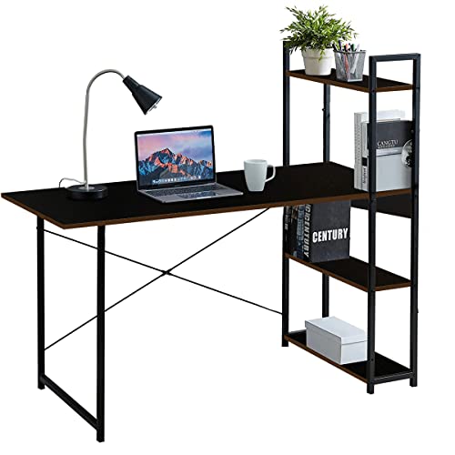 Image of Kawachi Wooden Laptop Computer Desk Study Table with Book Shelf and Storage Wenge Black