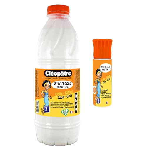 CLEOPATRE - Vinyl'Ecole Flacon De Colle Blanche Vinylique 1L et Flacon de 25g Rechargeable - Idéal Travaux Manuels et Loisirs Créatifs Dès 3 ans – Rentrée Des Classes - Fabrication Française