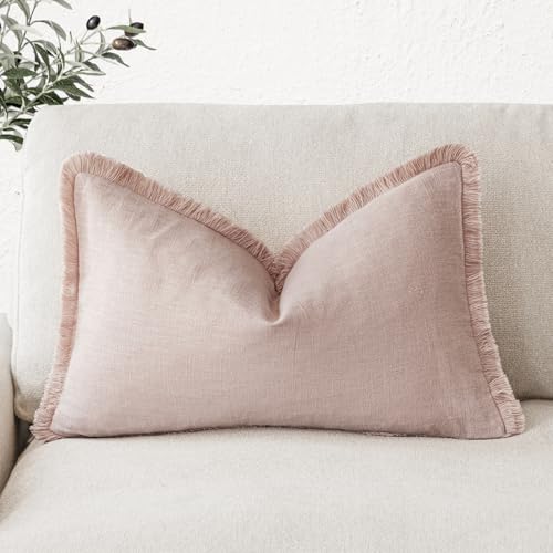 Image of Foindtower Decorative Linen Fringe Lumbar Throw Pillow Covers Cozy Boho Farmhouse Cushion Cover with Tassel Soft Accent Pillowcase for Sofa Bed Living Room Home Decor, 12x20 Inch, 1PC,Light Pink