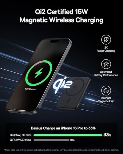 Image of Baseus Picogo Power Bank, Smallest Qi2 Certified 15W MagSafe Portable Charger, 0.5 inch Ultra Slim 5000mAh Magnetic Battery Pack with Stand, Alloy Wireless Charger for iPhone 17 Pro Max /17 Air /16 Series