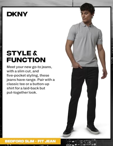 Image of DKNY Bedford Slim Fit Jeans for Men - Tapered Leg Stretch Denim Pants, Classic 5-Pocket Styling | Mens Slim Fit Jeans