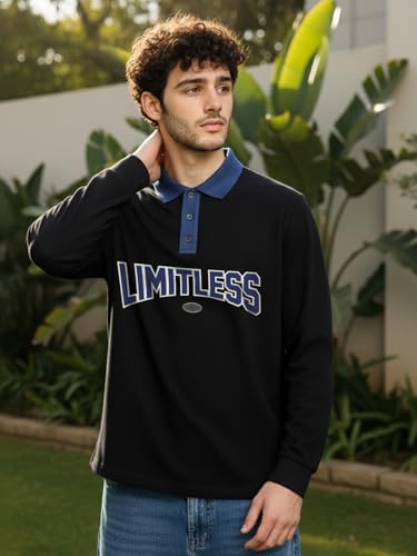 Image of Veirdo Men's Oversized Loopknit Cotton Polo Neck T-Shirt | Oversized Baggy Fit Full Sleeve Casual Streetwear Top with Ribbed Cuffs S-XXL
