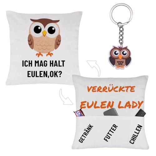 MOAZIFI Eulen Geschenke Kissenbezug 45x45 mit Taschen & Schlüsselanhänger – Süße Eulen Deko Kissenhülle, Praktische Deko Eule Geschenkidee für...