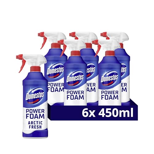 Domestos Power Foam Arctic Fresh Toilet & Bathroom Cleaner Spray sprays upside down & eliminates 99.99% of germs for cleaning inside the toilet & around bathroom 6x 450 ml