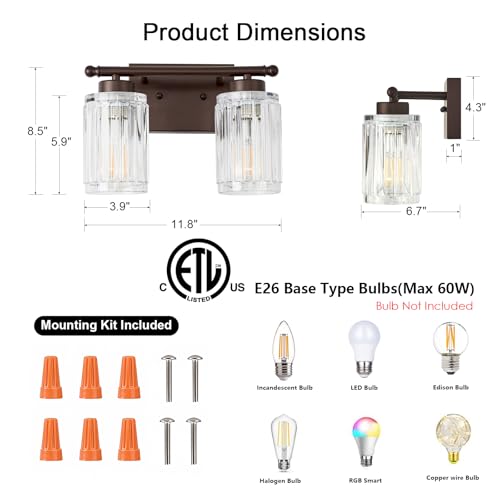 Image of 2 Light Bathroom Light Fixtures Modern ORB 12 Inch Vanity Lights for Bathroom Lighting Fixtures Over Mirror with Thickened Glass Shade for Cabinet Mirror Bedroom Hallway