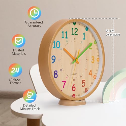 VIVILINEN Lernuhr Kinder Wanduhr Kinderzimmer Lautlos 25cm Wanduhr ohne Tickgeräusche für Schulanfänger, Jungen und Mädchen, Einschulung Geschenk