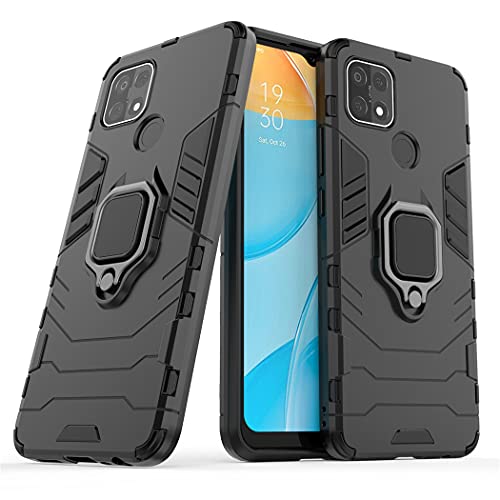 MaiJin Compatible with Oppo A15 Case, Metal Ring Grip Kickstand Shockproof Hard Bumper (Works with Magnetic Car Mount) Dual Layer Rugged Cover (Black)
