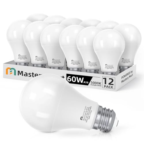 MASTERY MART A19 LED Bulbs 60 Watt Equivalent, 9W Non-Dimmable, Flicker-Free, 800 Lumens, Bright Daylight White 5000K, E26 Base, 10000 Hours, Energy Saving, Bright for Living Room, Bedroom, 12 Pack
