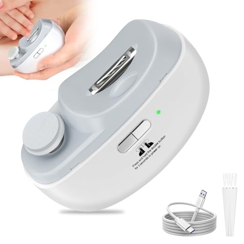 Electric Nail Clipper 2 in 1, Baby Nail Trimmer Electric, Baby Automatic Nail File with Polishing, LED Lights, Nail Chip Storage, USB Charging, 2 Speed Levels for Babies and Adults (White)