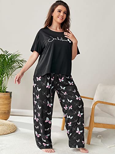 Oyoangle Women's Plus Size 2 Piece Butterfly Short Sleeve Pajama Set Tee And Pants Lounge Pj Set Black 5Xl #TOP3