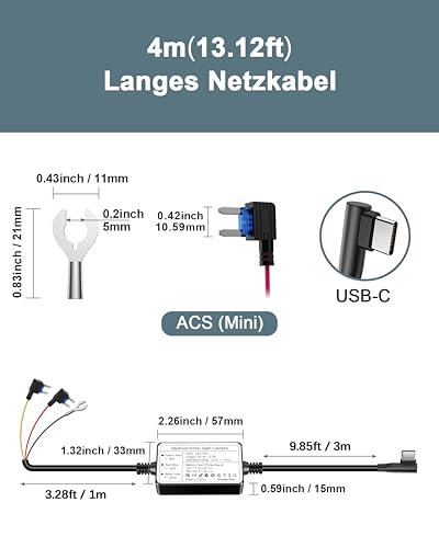 Range Tour Dashcam Hardwire Kit, USB-C 12V-24V bis 5V Harter Draht Auto Ladegerät Kabelsatz Sicherung Kit für Dash Kameras GPS, aktiviert den Parkmodus und den Niederspannungsschutz