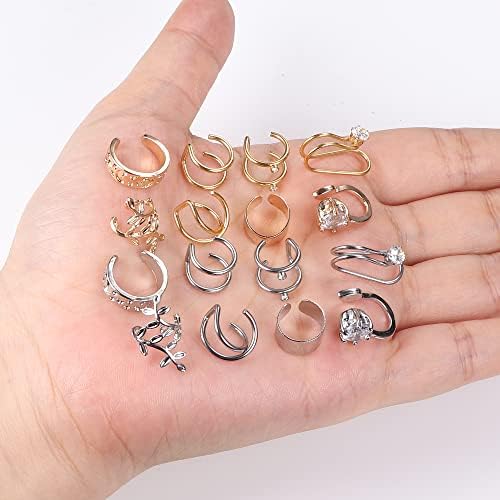 Kakonia 16 Pairs Ear Cuff Earrings for Women Non Piercing Faux Ear Cuff Fake Cartilage Earrings Clip on Wrap Earrings Adjustable Fake Earrings Helix Conch Cuffs Fake Lip Nose Ring
