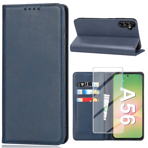 Vaki für Samsung Galaxy A56 5G Hülle mit Schutzfolie, Handyhülle Galaxy A56 5G PU Leder Wallet Kartenfach Klapphülle, Schutzhülle für Samsung A56 5G Flip Hülle Cover Coqu Tasche Handyschutz (Blau)